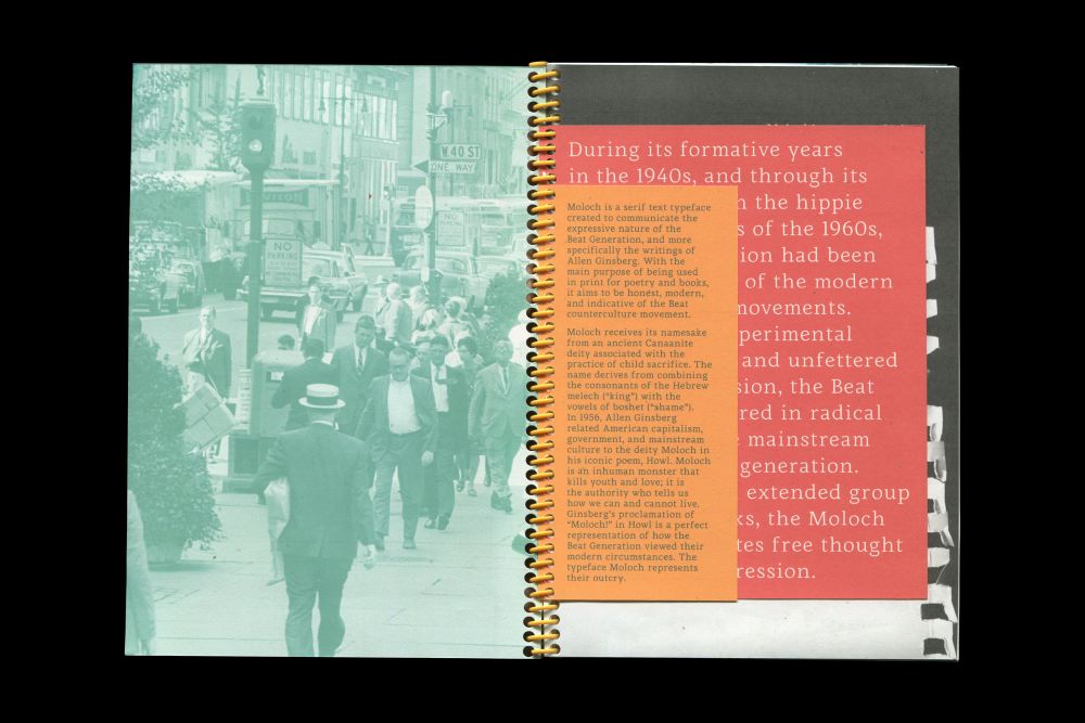 Double page spread from a book; right page tinted green with people walking. Left page red layered with white text
