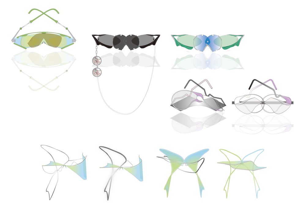 illustrations of nine eyewear accessories in shades of blue, green and black.