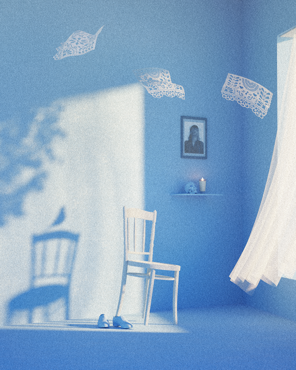 Illustration of a white chair in a blue room