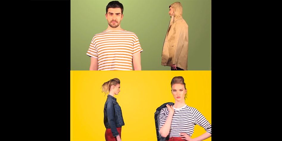 square image cut in half. Top half is of man facing the camera on the left hand side wearing white and red striped top. On the right hand side is side image of man wearing brown coat with hood up. Bottom half is of woman's side while wearing denim jacket and red trousers. Right hand side is of woman facing camera with striped blue and white top with denim jacket over shoulder.