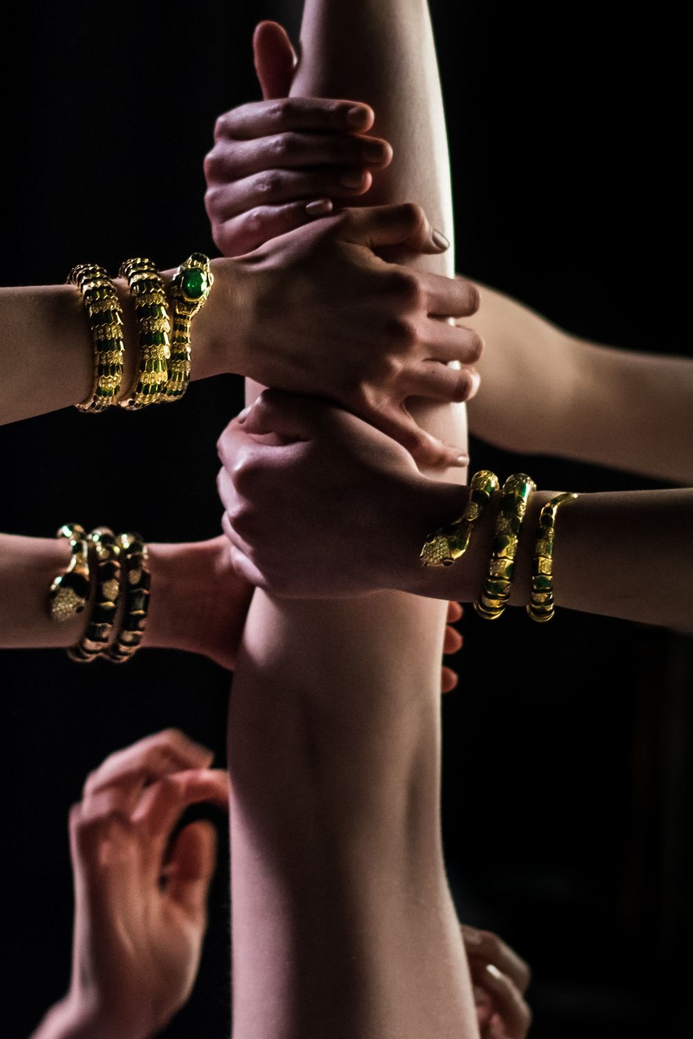 Image of models' hands and arms wearing Serpenti jewellery