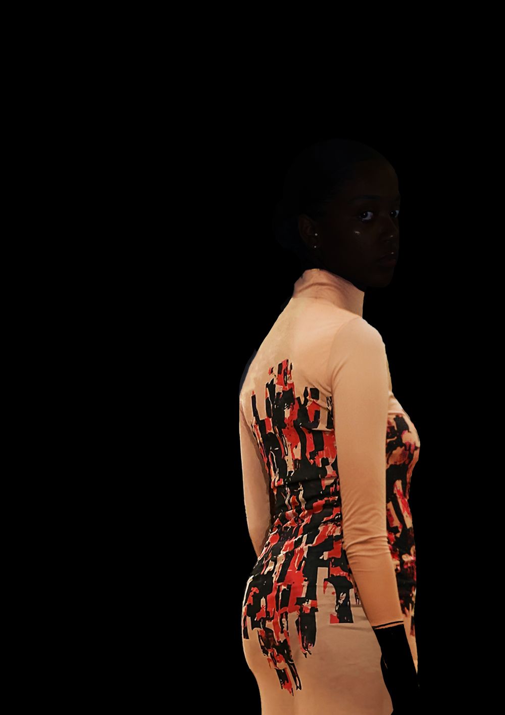 Model wearing garment with black background 