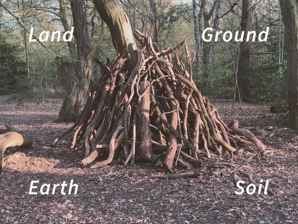A stack of branches on the middle of a forest. Land, Earth, Ground, Soil is written around the edge of the image