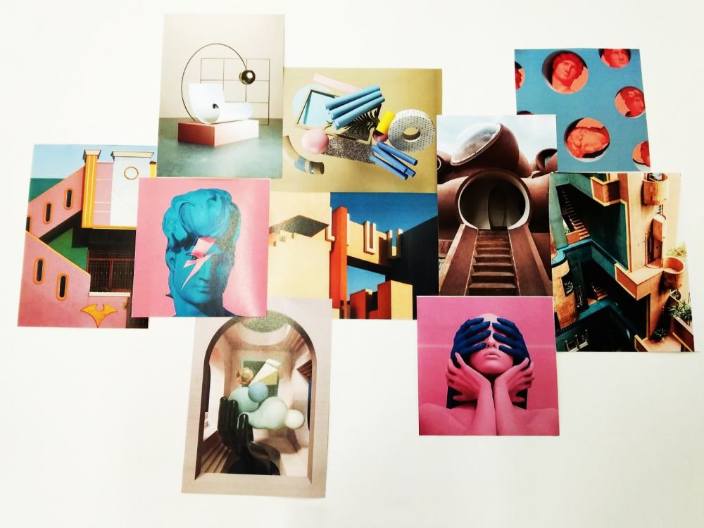 Veronica Giron's print-out mood board, includes repeat prints, interiors and exteriors of buildings, hands cover a persons eyes and a sculpture head with a lightning bold over the eye.