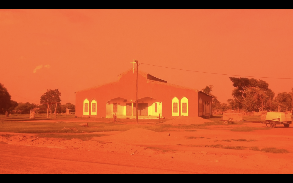 building with bright orange filter