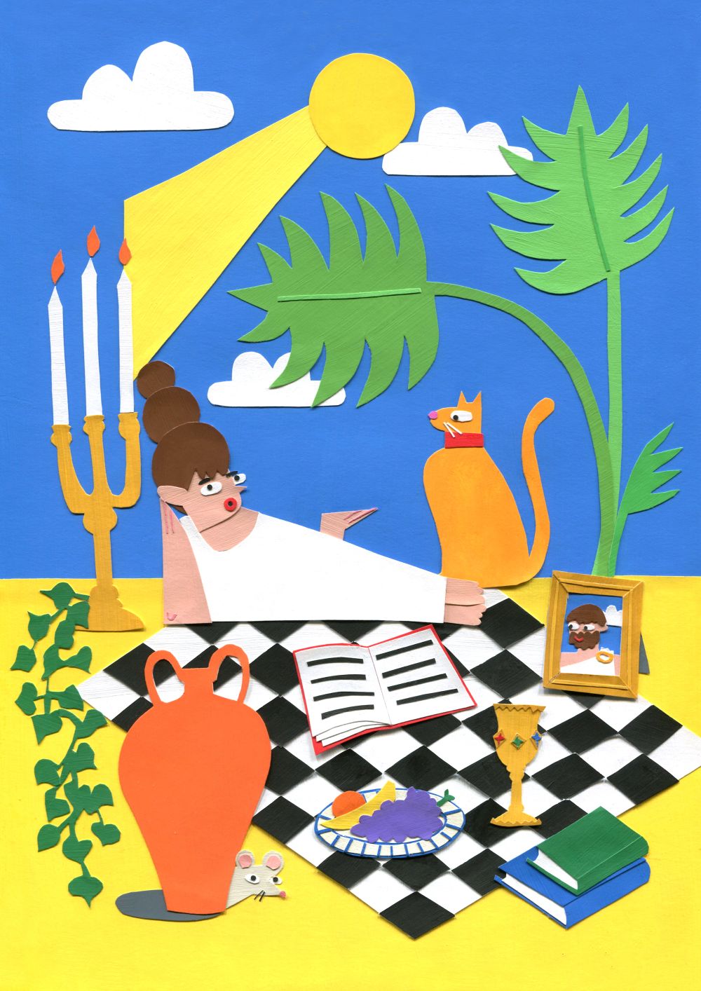Illustrion of woman having a picnic with a cat