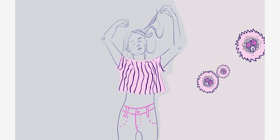 illustration of woman with her hands up playing with her hair. Wearing pink striped top and jeans
