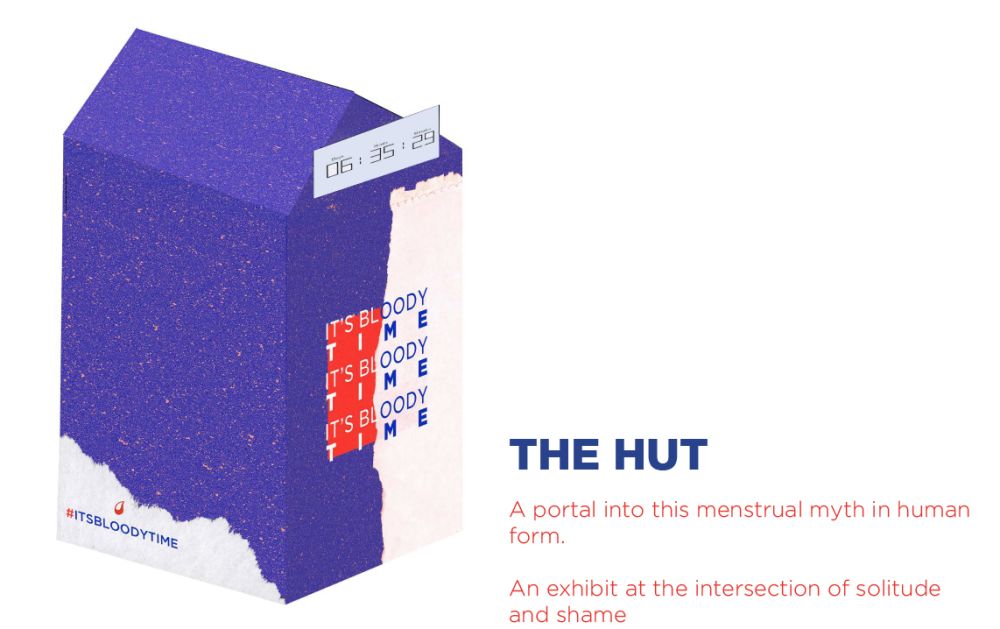 A digital image of the proposed hut with the words 