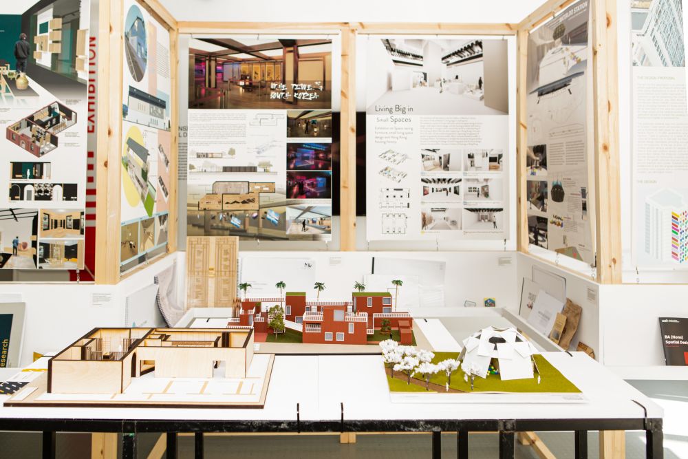 Display of work, including models and process works on the walls.