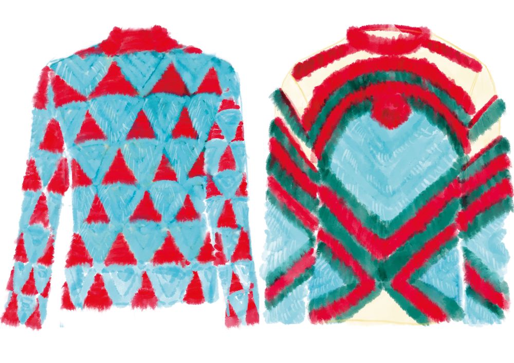 illustration of two blue faux fur garments with red and green detailing
