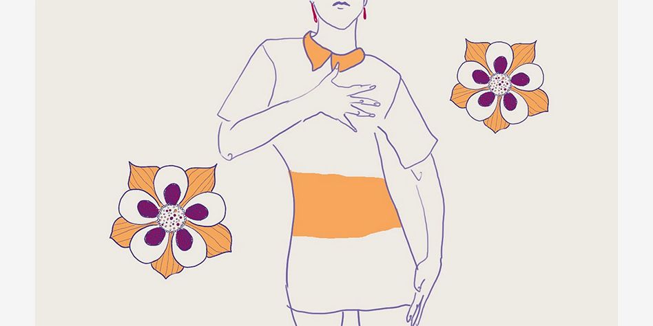 illustration of woman facing camera with face cut off with left hand protecting her breasts. Wearing dress with orange stripe. Image has flowers on left and right side