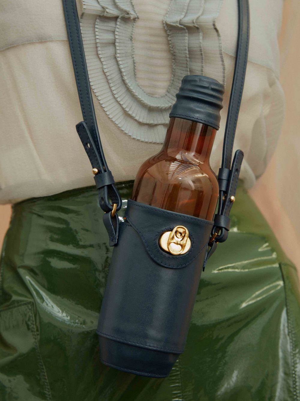 Navy leather bottle bag