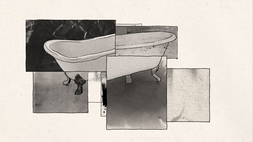 An illustrated collage of a bath tub