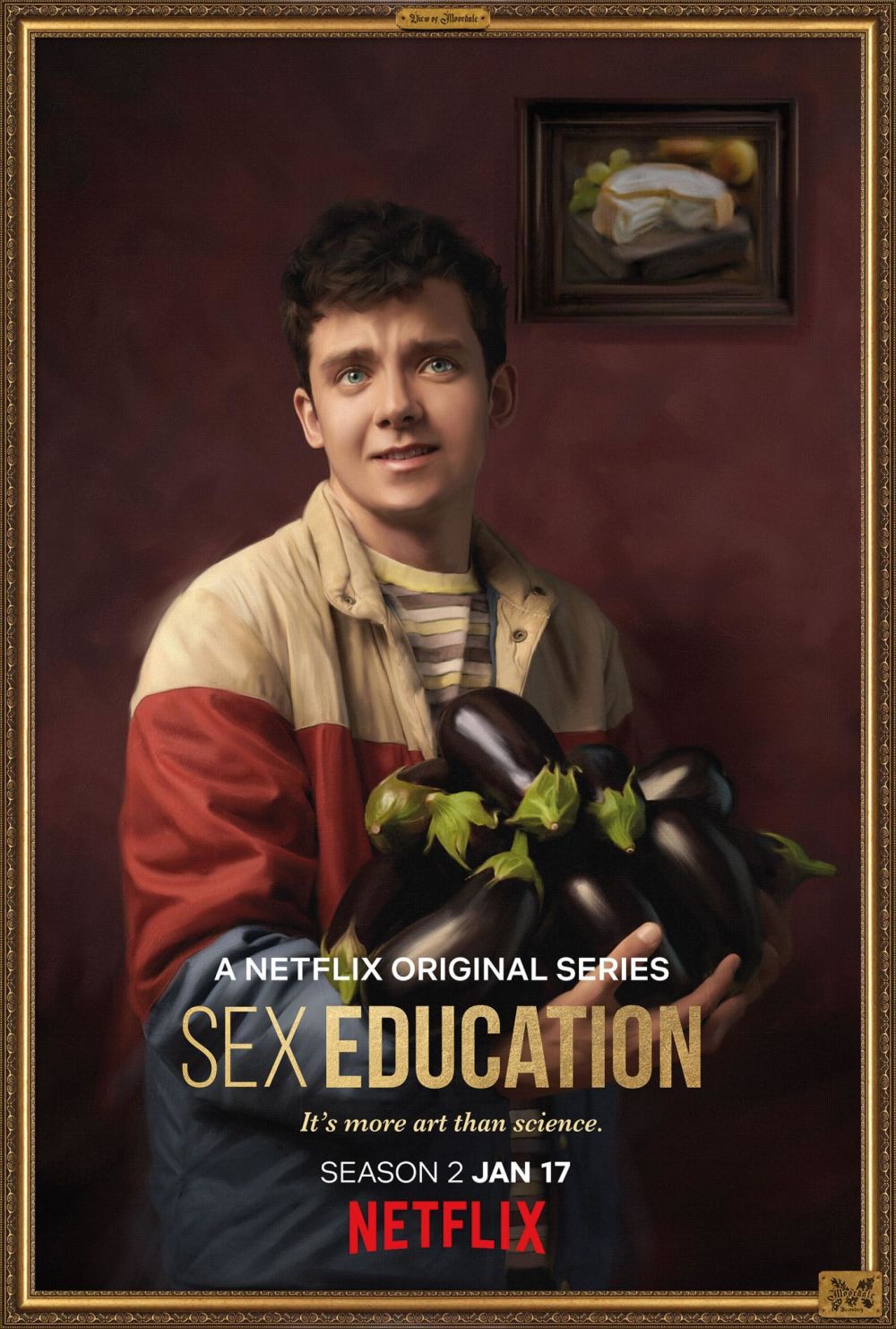 A promotional portrait of Otis from the Netflix series, Sex Education, with an armful of aubergines.