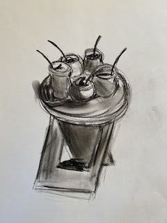 Pencil sketch of a table with cups sitting on top of it