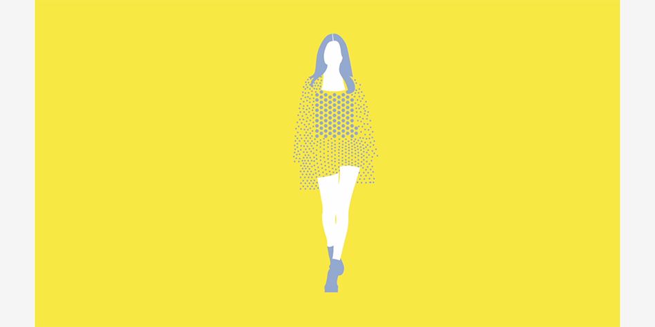 illustration of woman with no face against yellow background. Her face and legs are white, and her hair and shoes are grey. She is wearing a top, shorts and jacket which are made out of dots