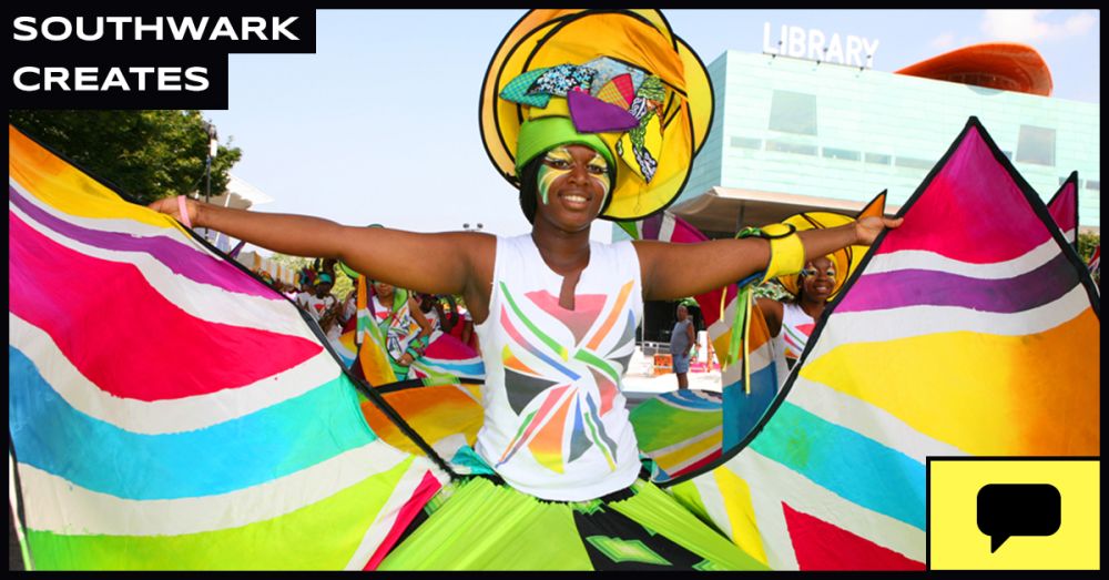 Student work for Southwark Council showing a woman at carnival with colourful clothing.