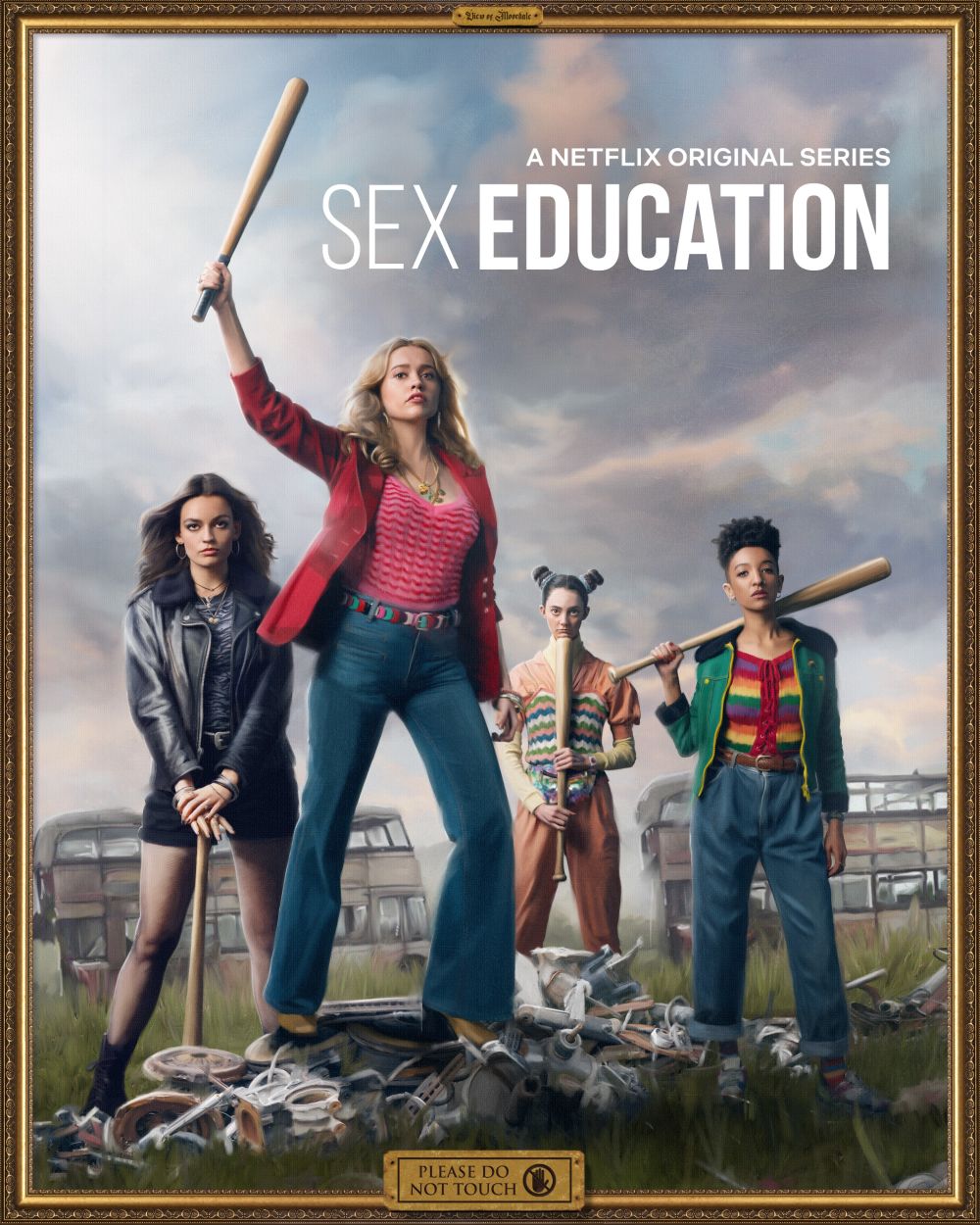 A promotional portrait of four female characters from the Netflix series, Sex Education, holding baseball bats.