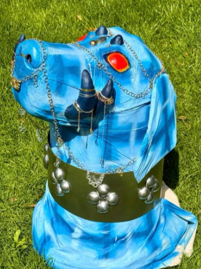 sculpture of blue dog