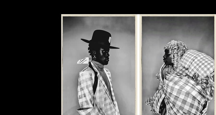 
                                        Two black and white images of Black people in profile wearing garments made of checked material.
                                        