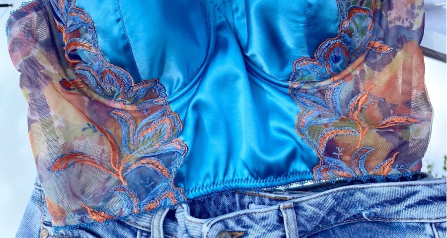 Blue, silky corset