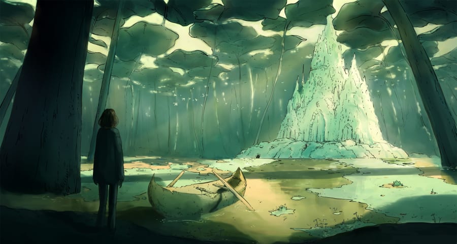 Animated woman underwater looks at a boat with oars, a castle and lily pads floating above