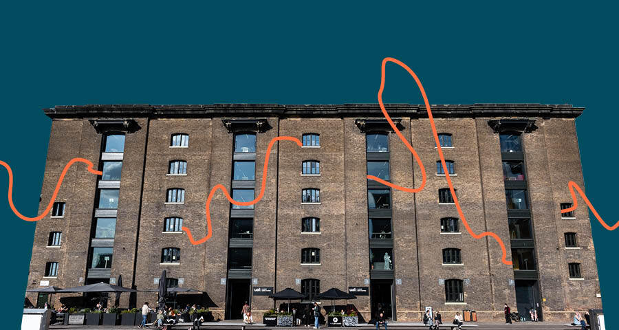 A large brick building with tall black-framed windows at Central Saint Martins in King’s Cross.