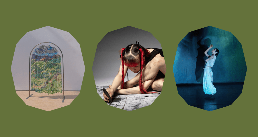 Three artworks displayed on a green background