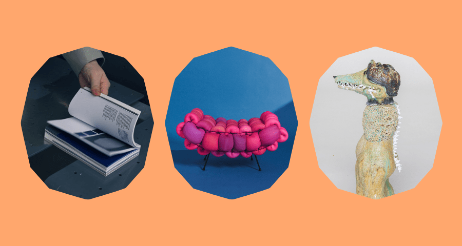 Three pieces displayed on an orange background