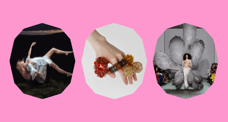 Three works displayed on a pink background