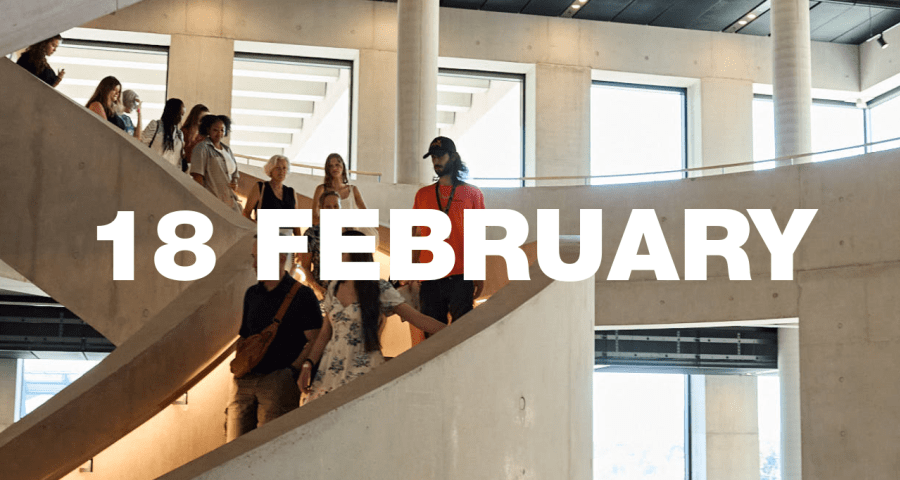 A tour group walking down LCF’s staircase, with the date 18 February overlaid