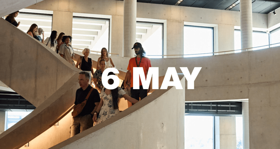 Tour group walking down LCF's main staircase, with '6 May' overlayed in white.