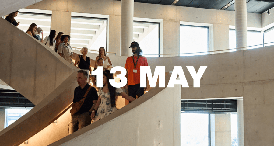 13 May text overlayed on image of people walking down a staircase