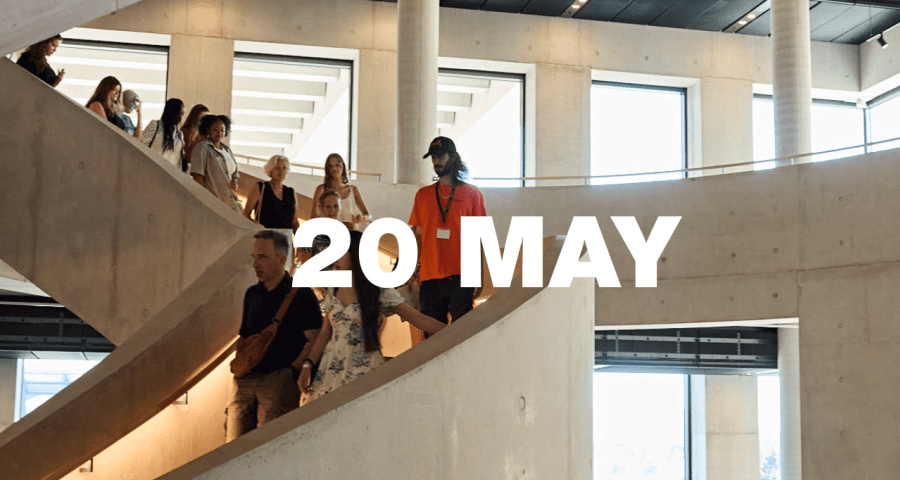 Tour group walking down LCF's main staircase, with '20 May' overlayed in white.