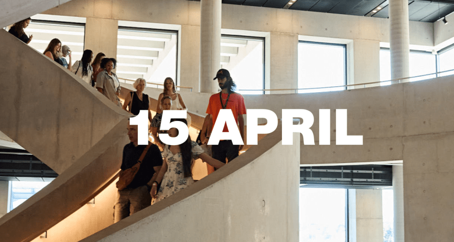 Tour group walking down LCF's main staircase, with '15 April' overlayed in white.
