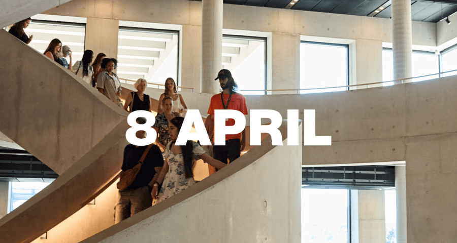 Tour group walking down the stairs with '8 April' text overlayed.