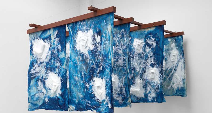 Hanging blue and white fabric