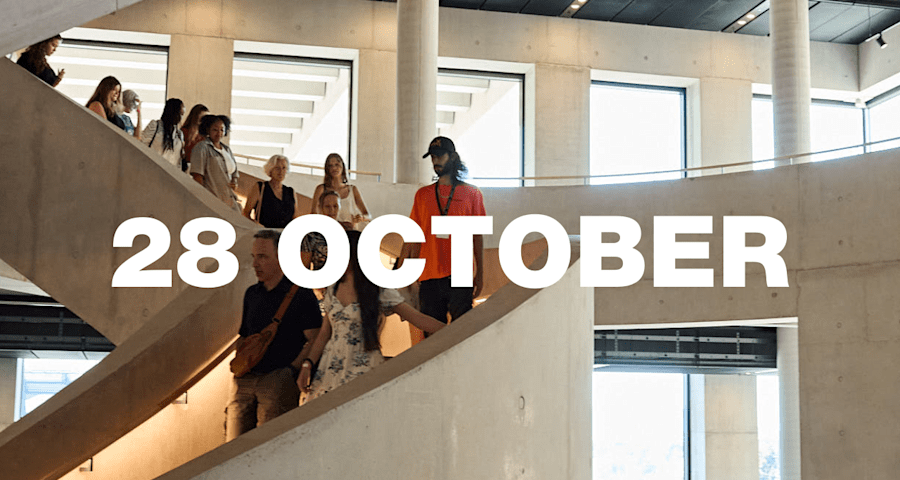 Tour group walking down the LCF staircase