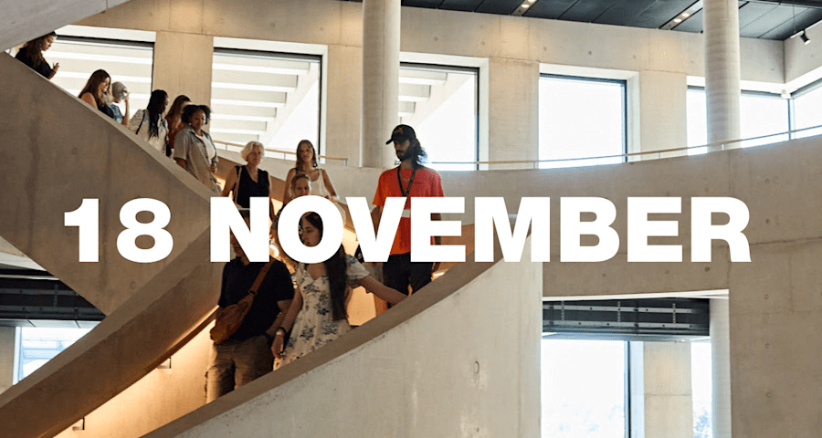 Tour group walking down the LCF staircase