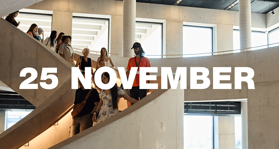 Tour group walking down the LCF staircase