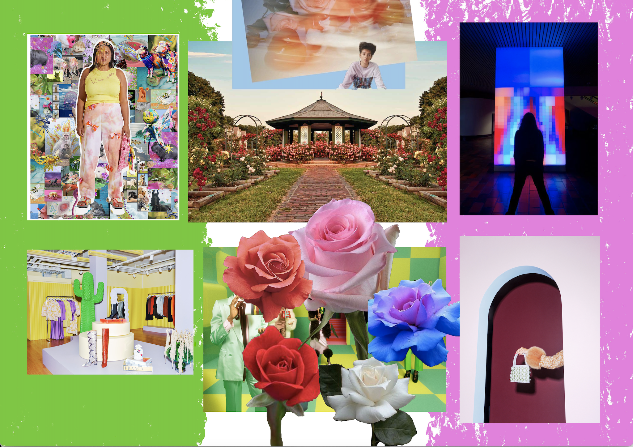 A brightly coloured collage of various images including a bouquet of flowers.